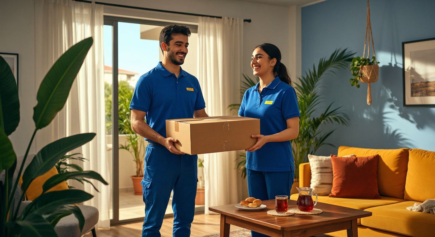A smiling delivery person in a blue IKEA uniform hands a large, flat-packed cardboard box to a happy customer in a cozy Turkish living room with a steaming cup of çay on the table.