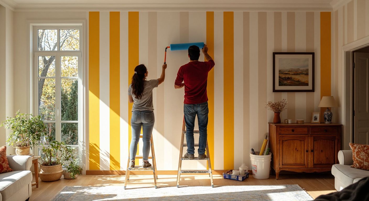 A Turkish couple carefully aligns striped wallpaper on a freshly prepared wall, smoothing out bubbles with a roller while standing on a wooden ladder in a sunlit living room.
