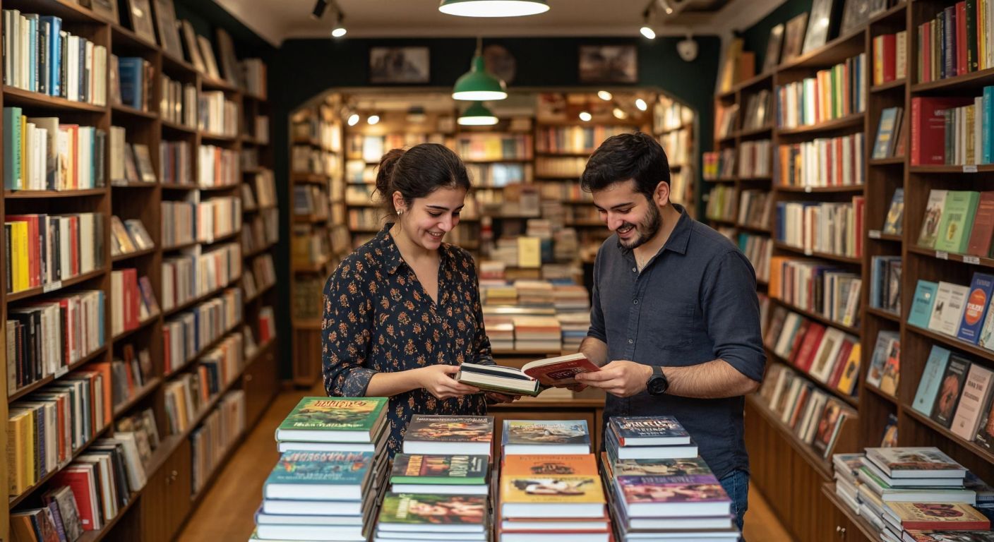 A warmly lit bookstore in Turkey with wooden shelves filled with colorful books, a smiling shopkeeper in a casual shirt helping a curious customer browsing through a stack of novels.