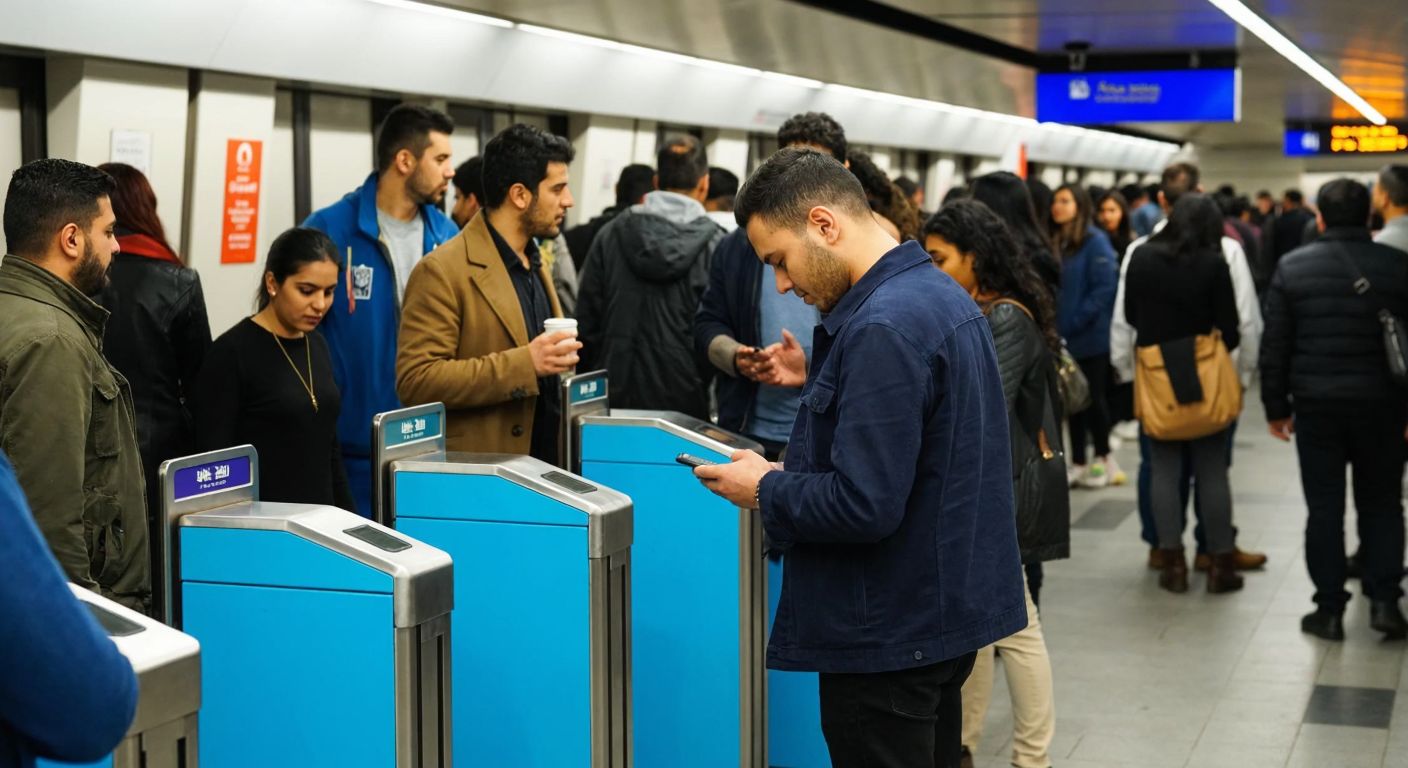A crowded Istanbul metro station with diverse commuters tapping their blue Istanbulkart on turnstiles, while a young person in modern clothing uses their smartphone near an NFC reader, reflecting convenience and urban mobility.