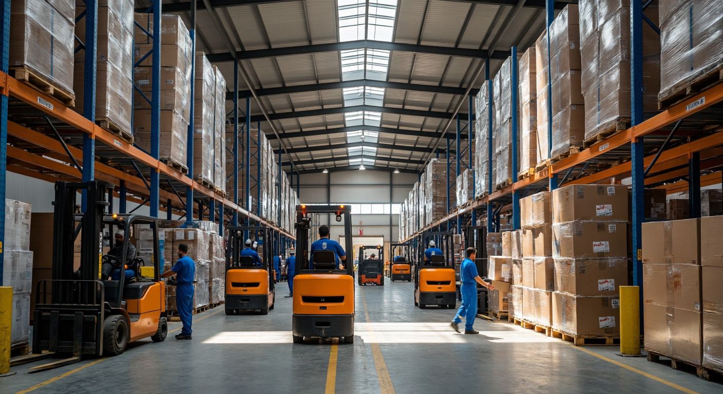 A bustling warehouse in Turkey with workers in blue uniforms efficiently moving boxes on forklifts, stacks of goods neatly organized under high ceilings, and trucks loading at the docks under a bright sun.