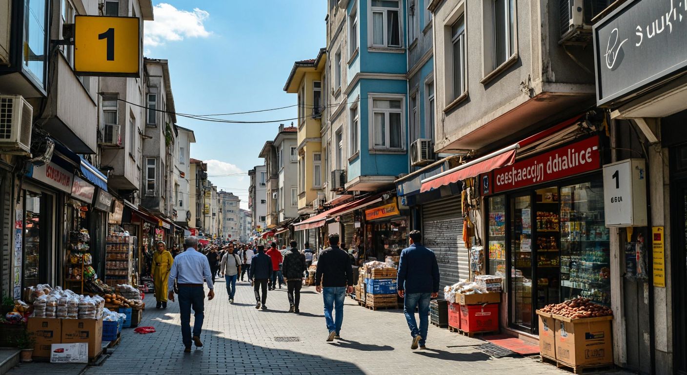 A bustling street in Esenyurt, Istanbul, with a small cargo office nestled among local shops, people walking by, and a signless building marked "1" on a narrow sidewalk under a bright blue sky.