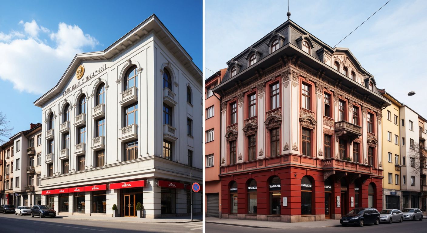 A split image showing two distinct bank buildings—one with a modern Turkish architectural influence representing ZiraatBank, and the other featuring a traditional Bosnian-style facade for Bosna Bank International—with a neutral urban backdrop of Sarajevo.