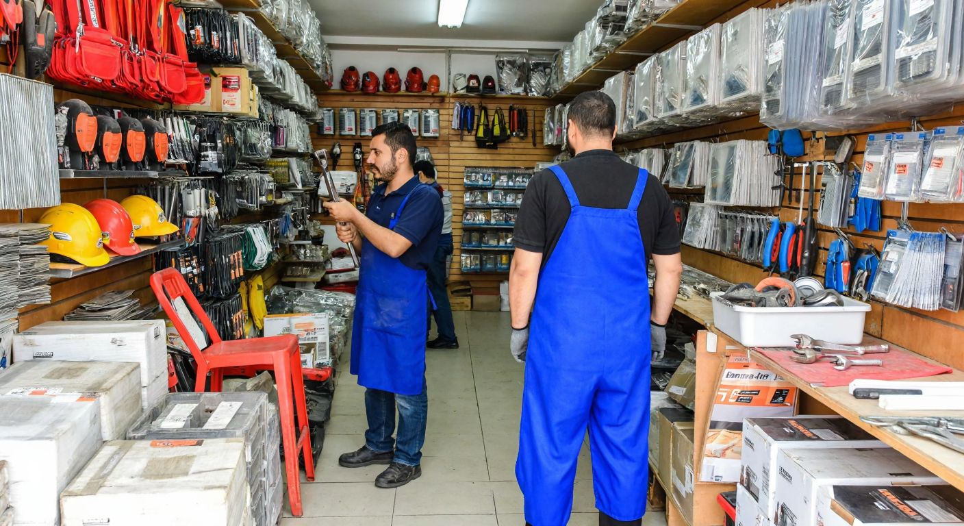 A bustling hardware store in Adana, Turkey, with shelves stacked with industrial tools, construction materials, and safety gear, while a shopkeeper in a blue work apron assists a customer holding a wrench.
