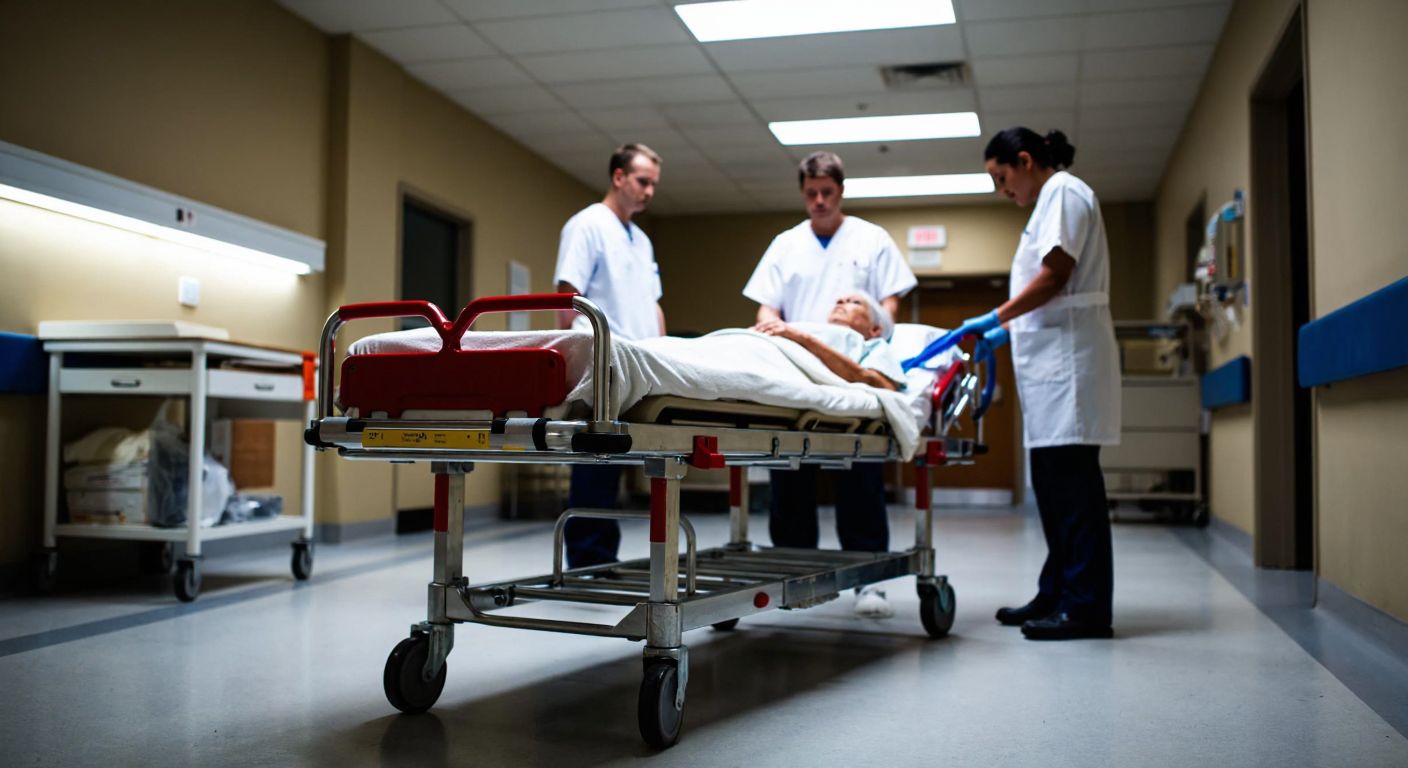 A sturdy metal stretcher with red handles resting on a hospital floor, surrounded by two paramedics in white uniforms checking its weight capacity, with a concerned elderly patient lying nearby.