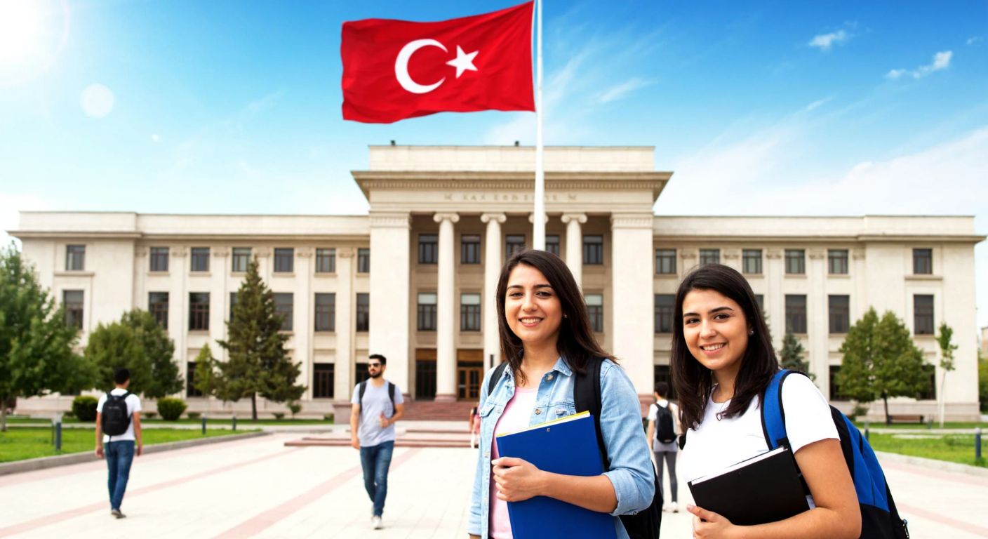 A grand university building in Kayseri with a Turkish flag flying proudly, surrounded by smiling students carrying books and backpacks, under a bright blue sky.