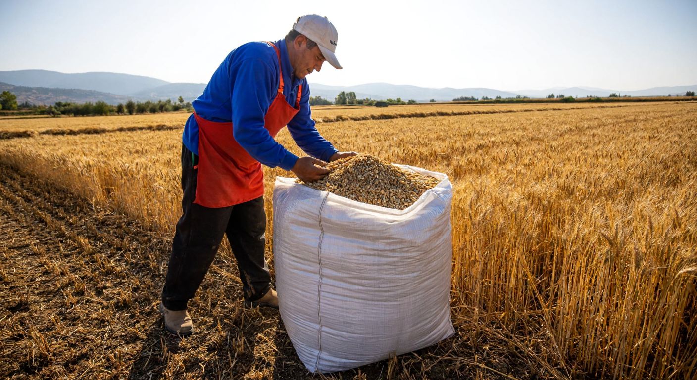 A sturdy, woven polypropylene big bag filled with golden wheat sits in a sunlit Turkish agricultural field, with a farmer in traditional work clothes inspecting its contents.