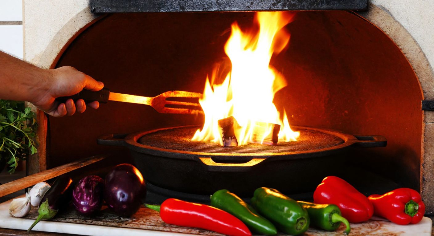 A rustic Turkish kitchen with a cast-iron stove grill glowing warmly, surrounded by fresh ingredients like peppers and eggplants, while a hand reaches to adjust the grill over crackling flames.