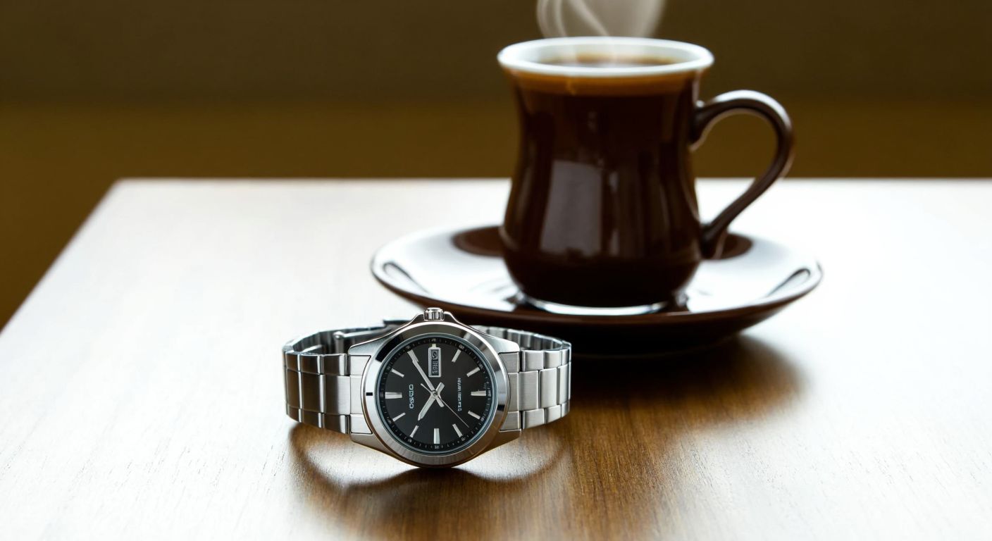 A sleek silver Casio wristwatch with a black dial rests on a wooden table, its polished metal reflecting soft light, while a Turkish coffee cup sits nearby, steam curling gently from its surface.