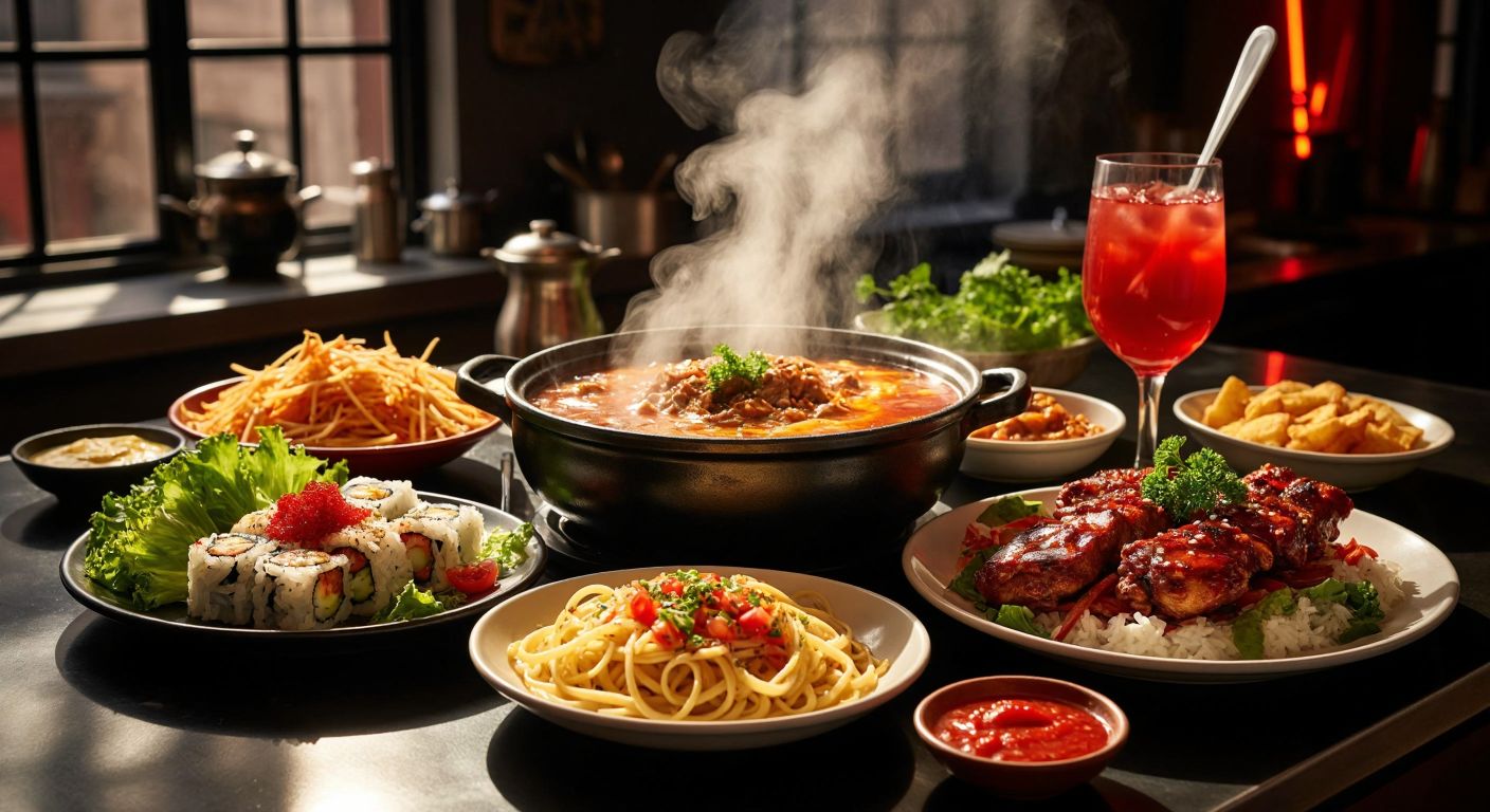 A vibrant table in a Turkish kitchen setting displays a steaming bowl of onion soup, delicate sushi rolls, glazed Chinese-style chicken, a plate of potato noodles, a fresh Mediterranean salad, a slice of tiramisu, and a glass of crimson kızılcık sherbet, all under warm lighting.