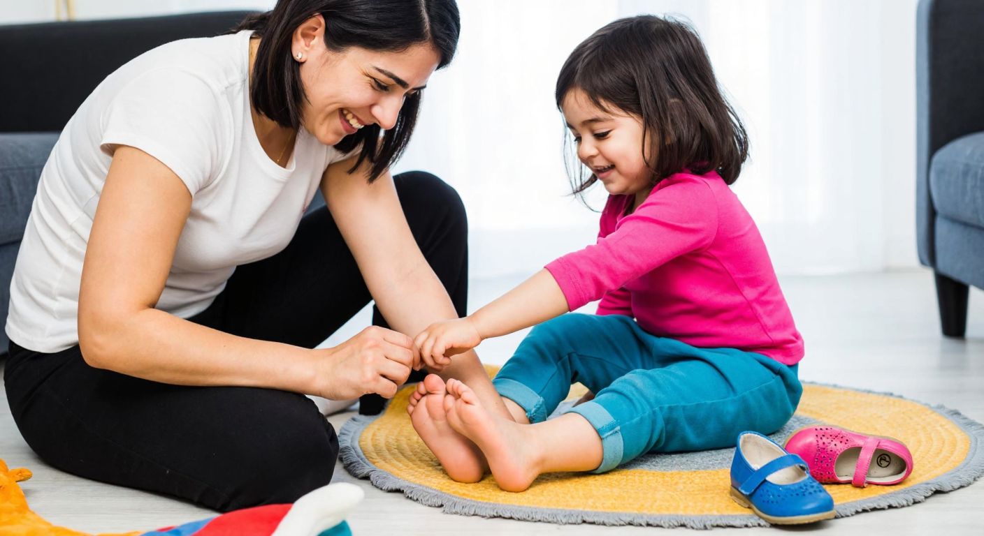 A smiling Turkish parent measuring a child’s foot with a soft tape on a colorful rug, surrounded by small shoes in sizes 24 and 25.