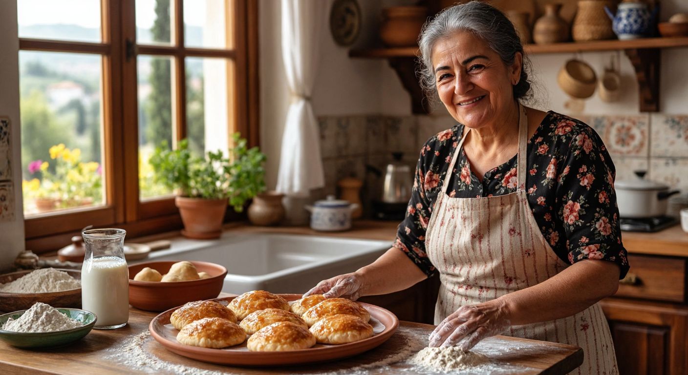 A warm Turkish kitchen with a wooden table displaying a golden-brown kaşık dökmesi (spoon pastry) on a ceramic plate, a glass of fresh milk beside it, and a smiling elderly woman in a floral apron kneading dough with flour-dusted hands.
