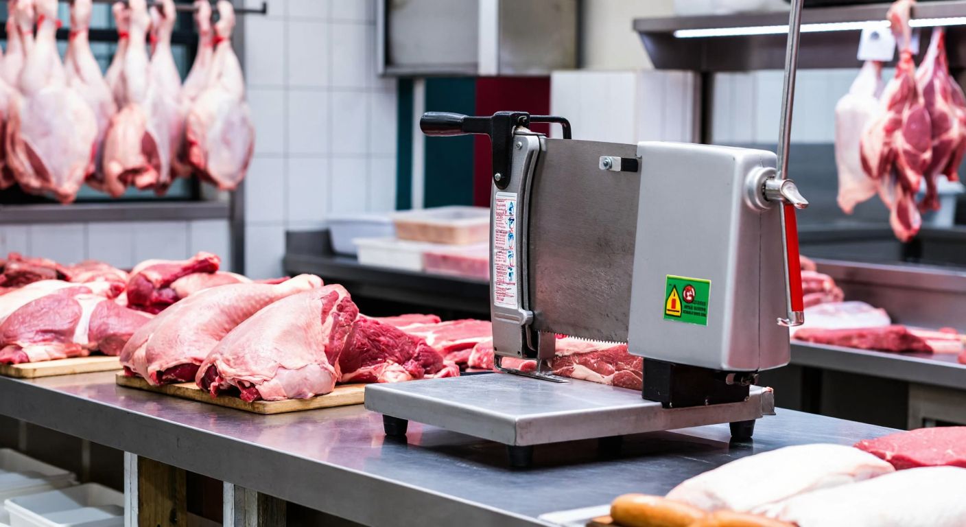 A sturdy industrial meat and bone saw with a sharp blade sits on a stainless steel counter in a bustling Turkish butcher shop, surrounded by fresh cuts of meat and frozen poultry.