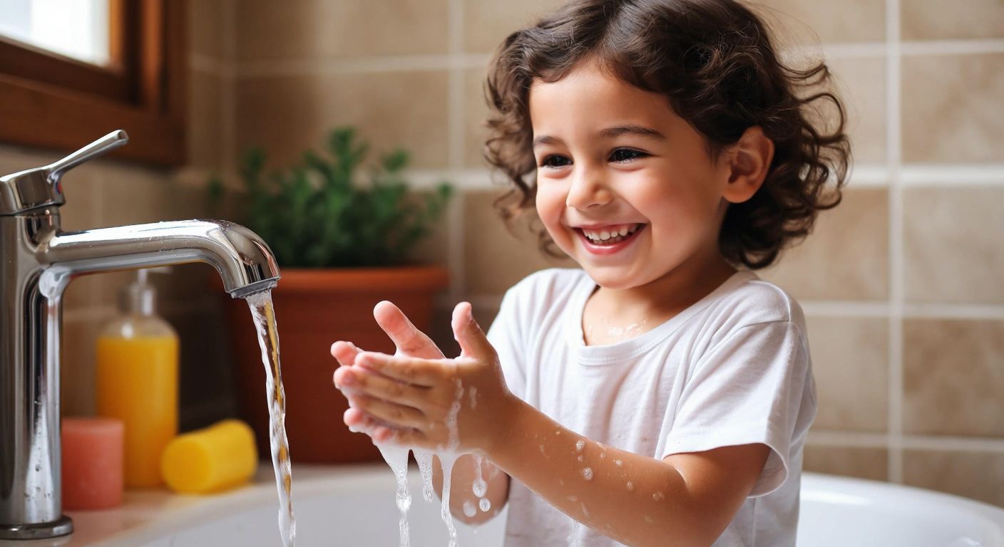 A cheerful Turkish child with soapy hands under a running faucet, smiling while scrubbing their palms together in a bright, tiled bathroom.