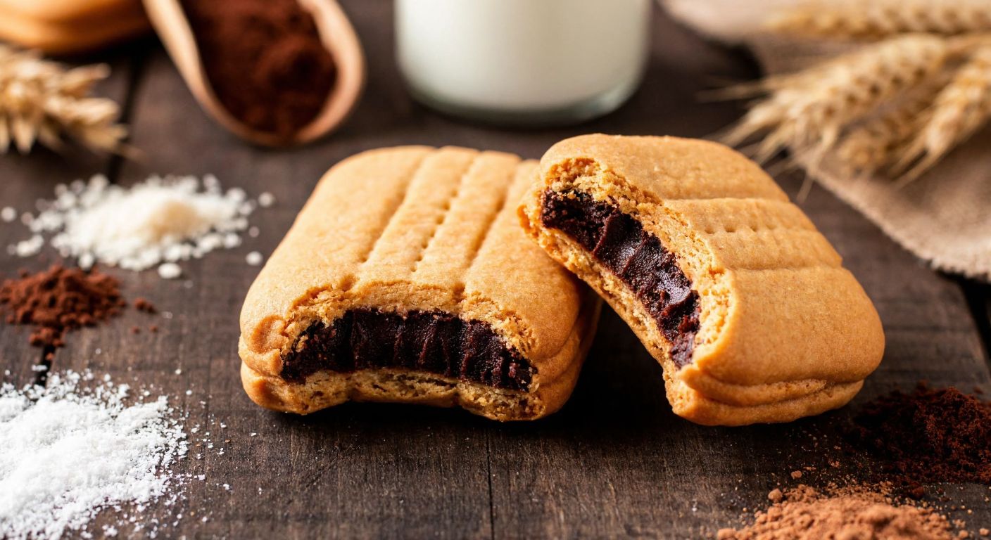 A close-up of a golden-brown cocoa-filled Petibör biscuit cracked open, revealing a rich chocolatey center, surrounded by scattered ingredients like wheat flour, cocoa powder, and powdered milk on a rustic wooden table in a Turkish kitchen.