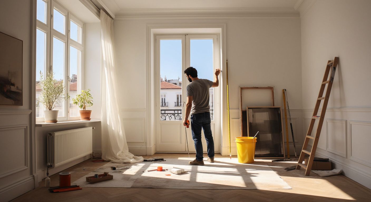 A Turkish architect in a sunlit, unfurnished apartment measures white walls with a tape measure while a paint bucket and roller sit nearby.