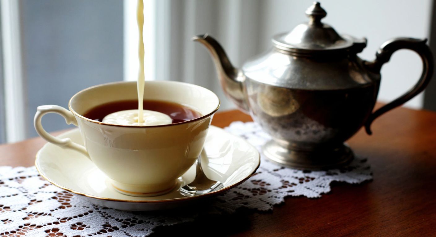 A porcelain teacup filled with dark Ceylon tea and a splash of milk, placed on a lace doily beside a vintage silver teapot, evoking a cozy British tea-time setting.