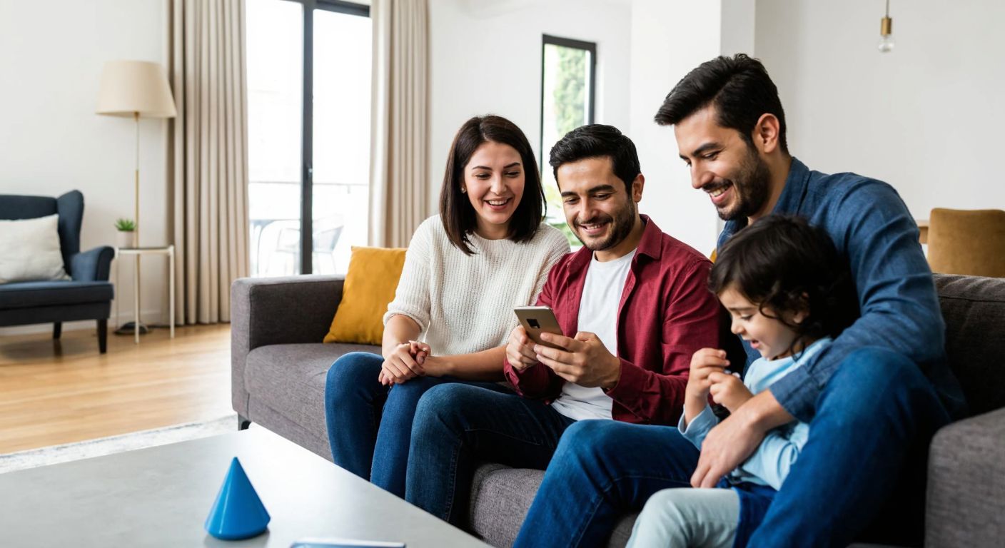 A smiling Turkish family sits comfortably in their living room, with a parent confidently checking insurance details on their phone while a child plays nearby, symbolizing security and ease of managing policies through the Allianzım app.
