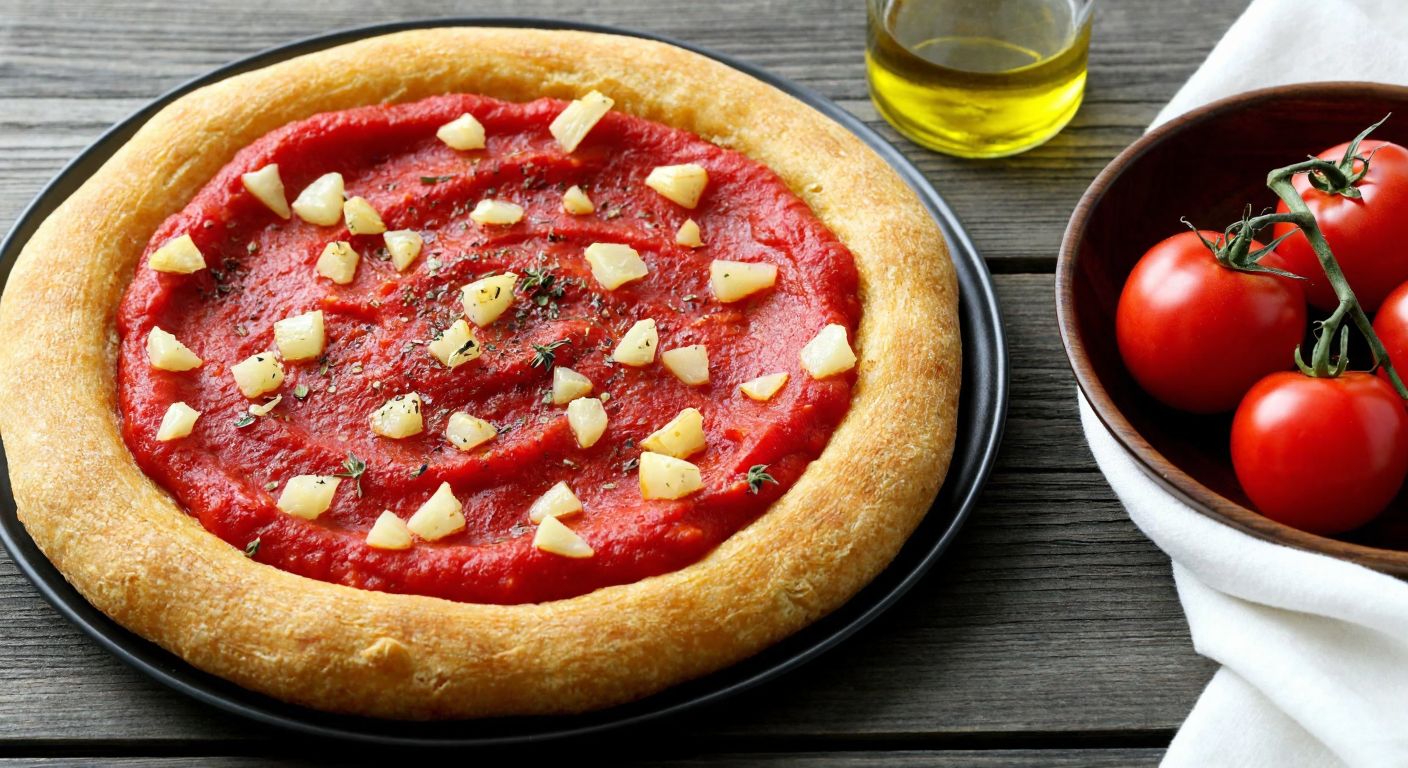 A golden-brown potato pizza topped with vibrant red tomato sauce, crushed garlic, and a sprinkle of oregano, placed on a rustic wooden table beside a bowl of fresh tomatoes and a bottle of olive oil.