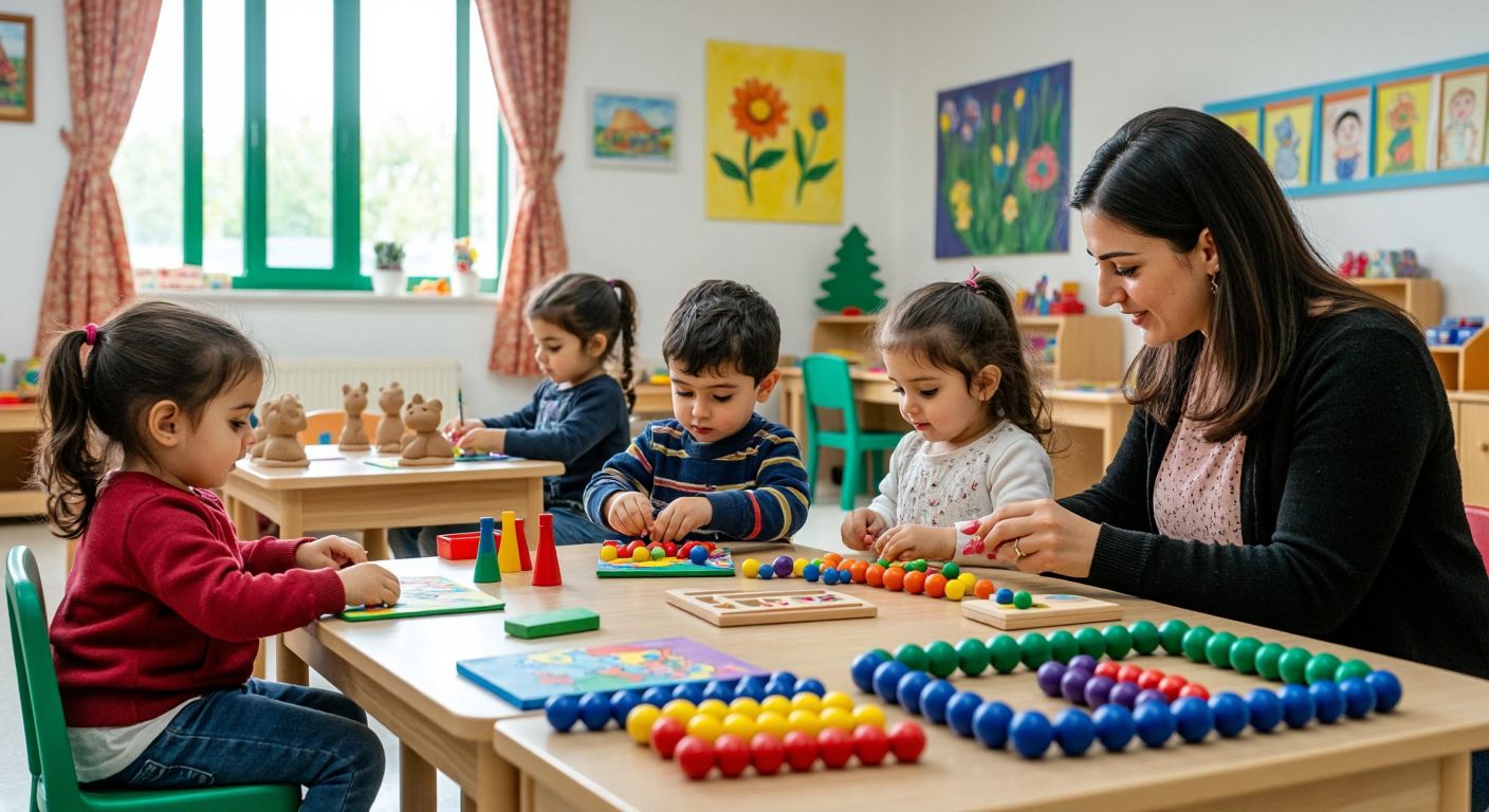 A bright, cheerful Turkish preschool classroom with young children engaged in various activities—painting colorful pictures, building clay sculptures, and arranging colorful counting beads, while a teacher observes and takes notes nearby.