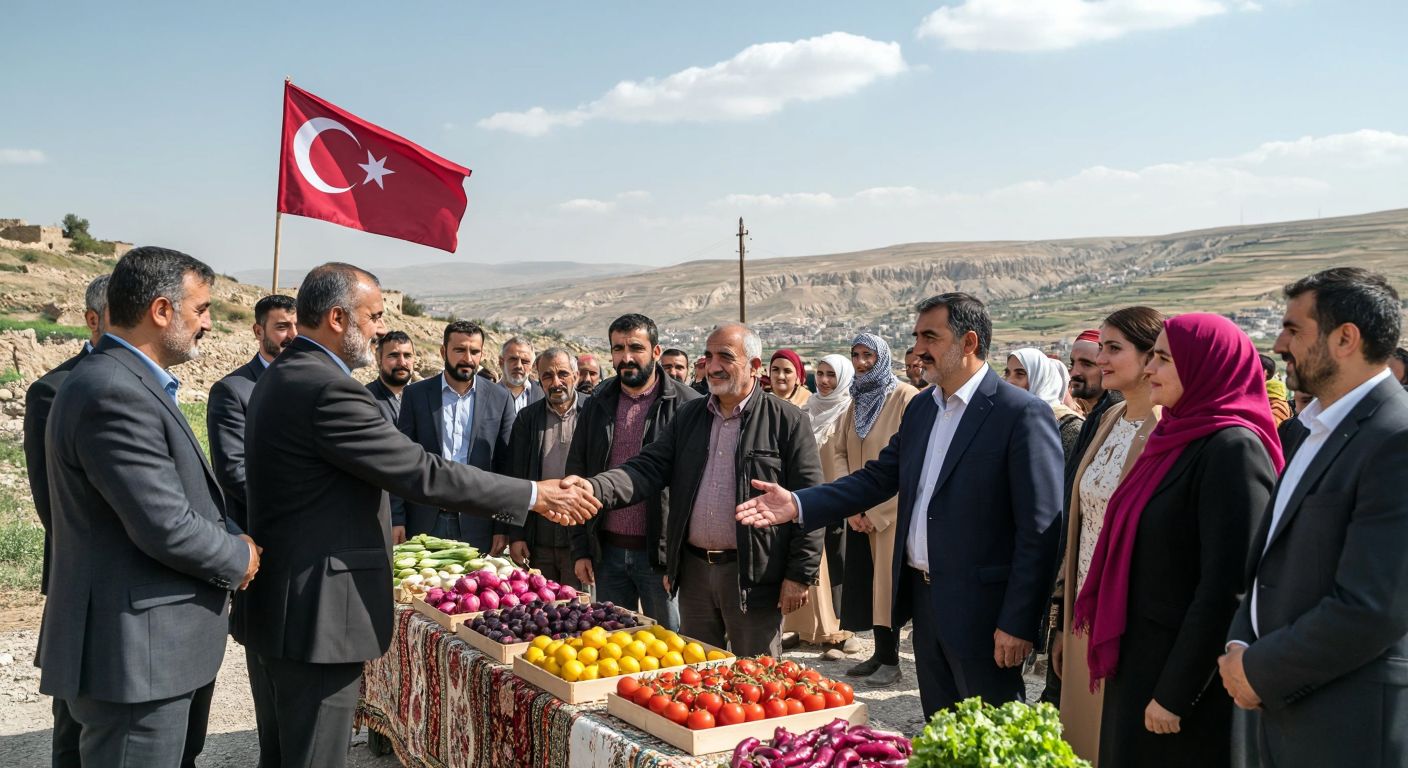 A group of determined Turkish men and women in traditional Şanlıurfa attire stand proudly in front of Siverek’s rugged landscape, holding banners with hopeful expressions, while a local official in a suit shakes hands with a community leader near a table displaying regional crafts and agricultural produce.  

(Note: The description avoids explicit text on banners or labels while capturing the cultural and advocacy elements.)