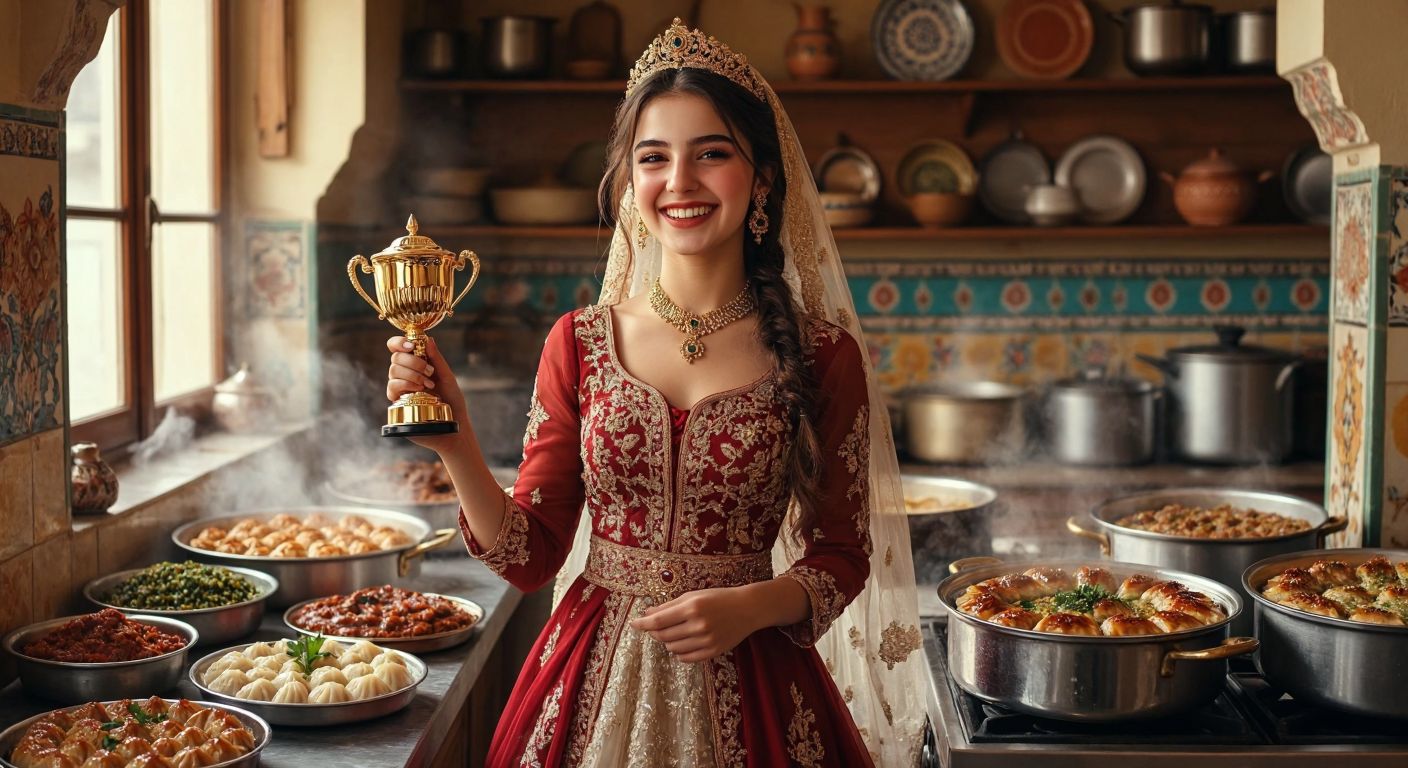 A joyful young woman in a traditional Turkish bridal outfit, holding a golden trophy and standing proudly in a vibrant kitchen filled with steaming pots of Turkish dishes like mantı and baklava.