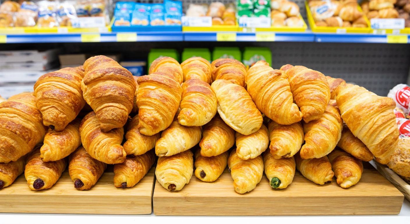 A colorful display of flaky, golden-brown croissants from the brands 7Days and Nimet neatly arranged on a wooden table inside an A101 supermarket in Turkey.