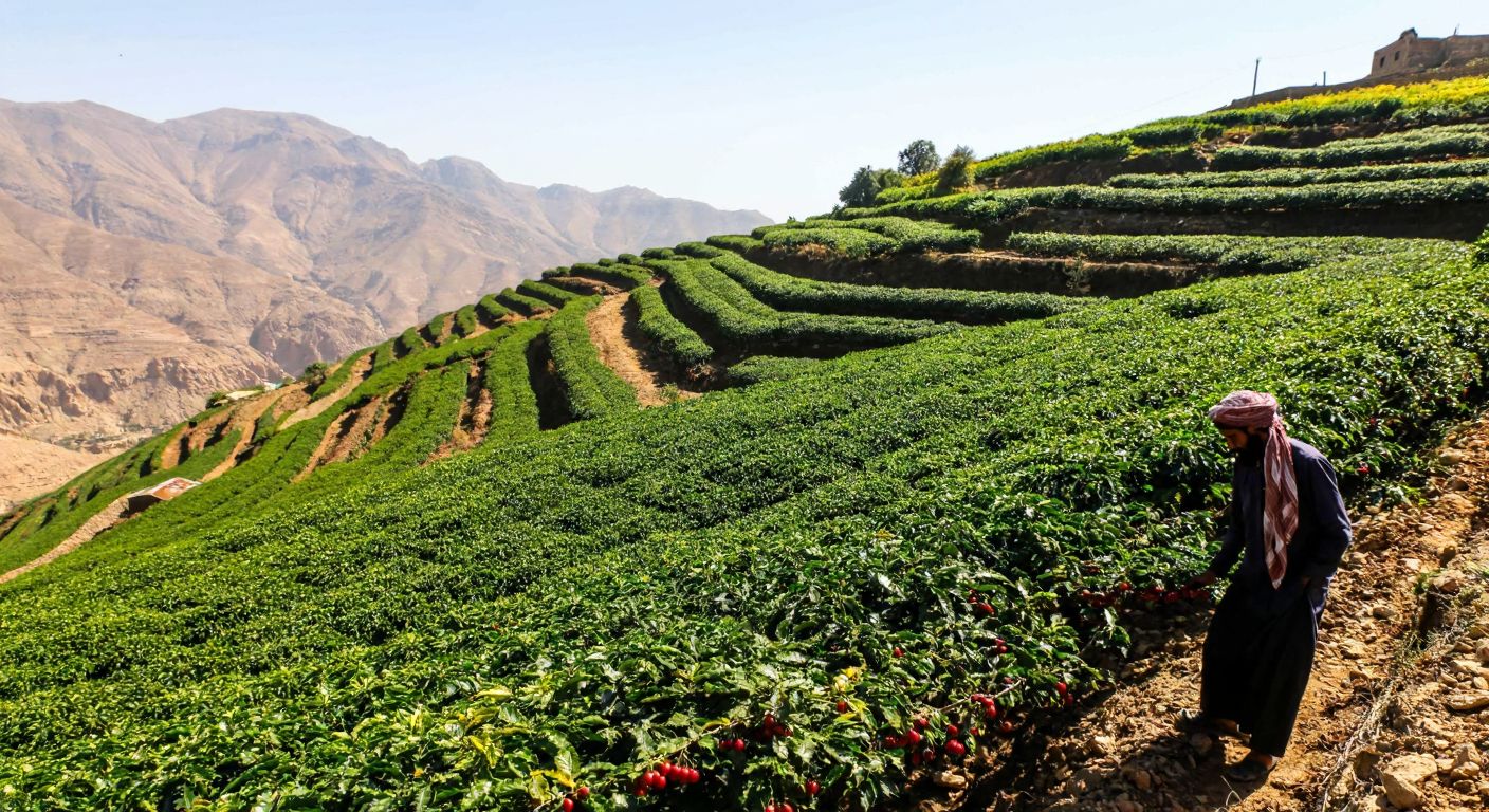 A sunlit terraced hillside in Yemen with vibrant green coffee plants bearing red cherries, tended by a farmer in traditional attire, against a backdrop of arid mountains.