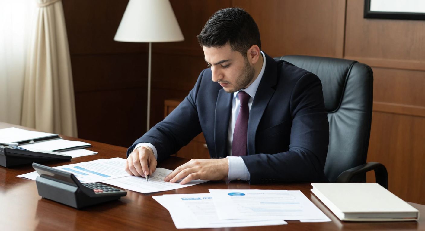 A neatly dressed Turkish professional sits at a wooden desk, carefully organizing documents with a calculator and ledger nearby, exuding focus and professionalism.