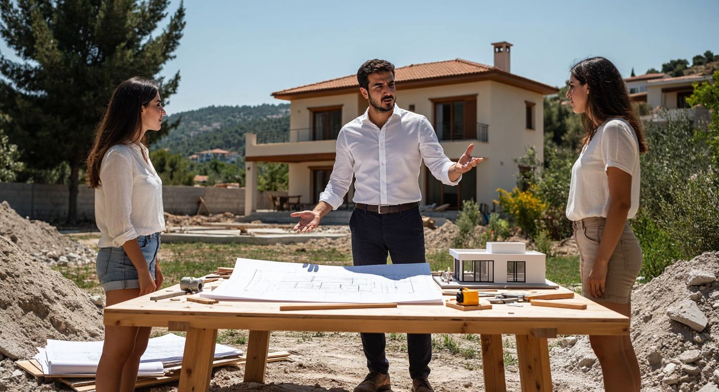 A Turkish architect in a crisp white shirt and dark trousers stands on a sunlit plot of land, gesturing toward a blueprint spread over a wooden table, while a couple in casual summer attire listens intently, surrounded by scattered construction tools and a scale model of a villa.