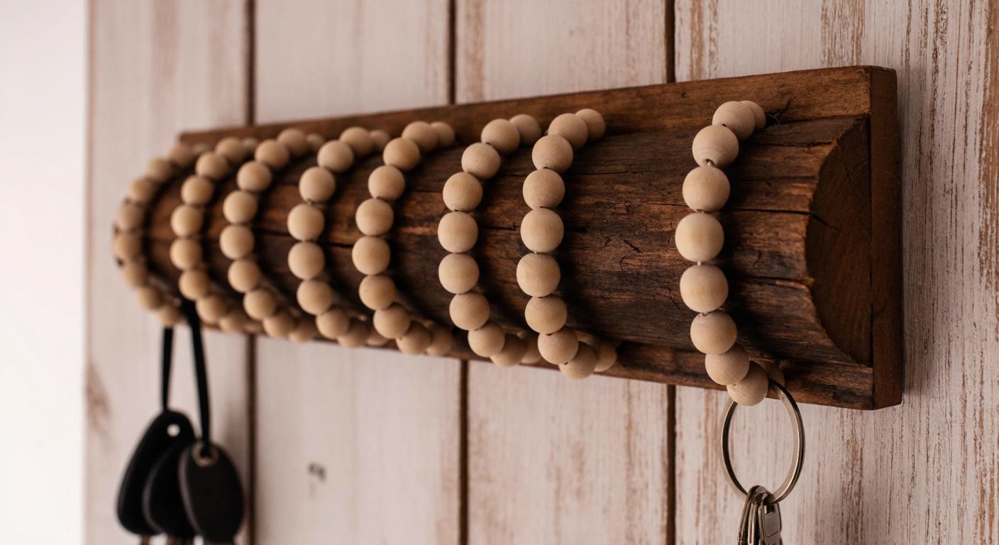 A rustic wooden key holder with evenly spaced black-painted wooden beads strung on elastic bands, hanging from a hand-cut wooden plank in a cozy Turkish home workshop.