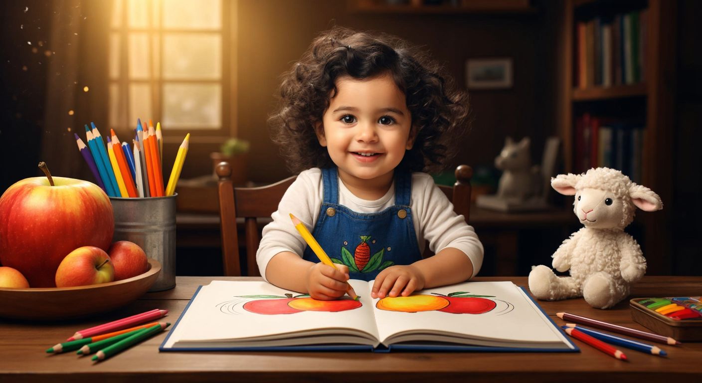 A cheerful Turkish toddler with dark curly hair sits at a wooden table, gripping a thick crayon while coloring a simple, large-outlined apple drawing in a bright book, surrounded by scattered crayons and a plush toy sheep.