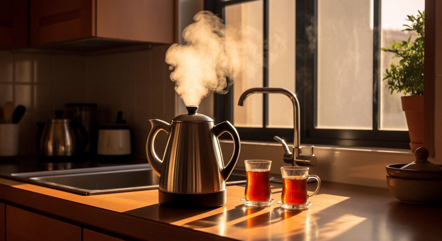 A modern stainless steel kettle sits on a kitchen counter in a cozy Turkish home, steam rising from its spout as it nears boiling, with a warm teapot and small tulip-shaped glasses waiting nearby.