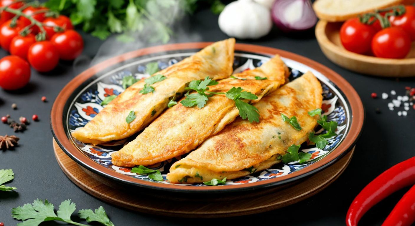A steaming plate of golden-brown kïrep, garnished with fresh herbs and served on a traditional Turkish ceramic plate, surrounded by vibrant ingredients like tomatoes, peppers, and spices.