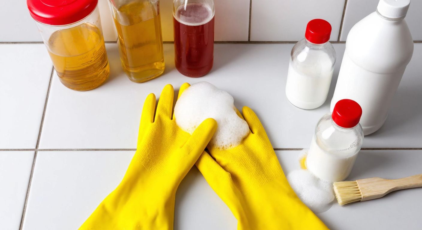 A pair of yellow rubber gloves scrubbing white tiles with a foamy brush, surrounded by bottles of vinegar, baking soda, and bleach on a tiled bathroom counter.