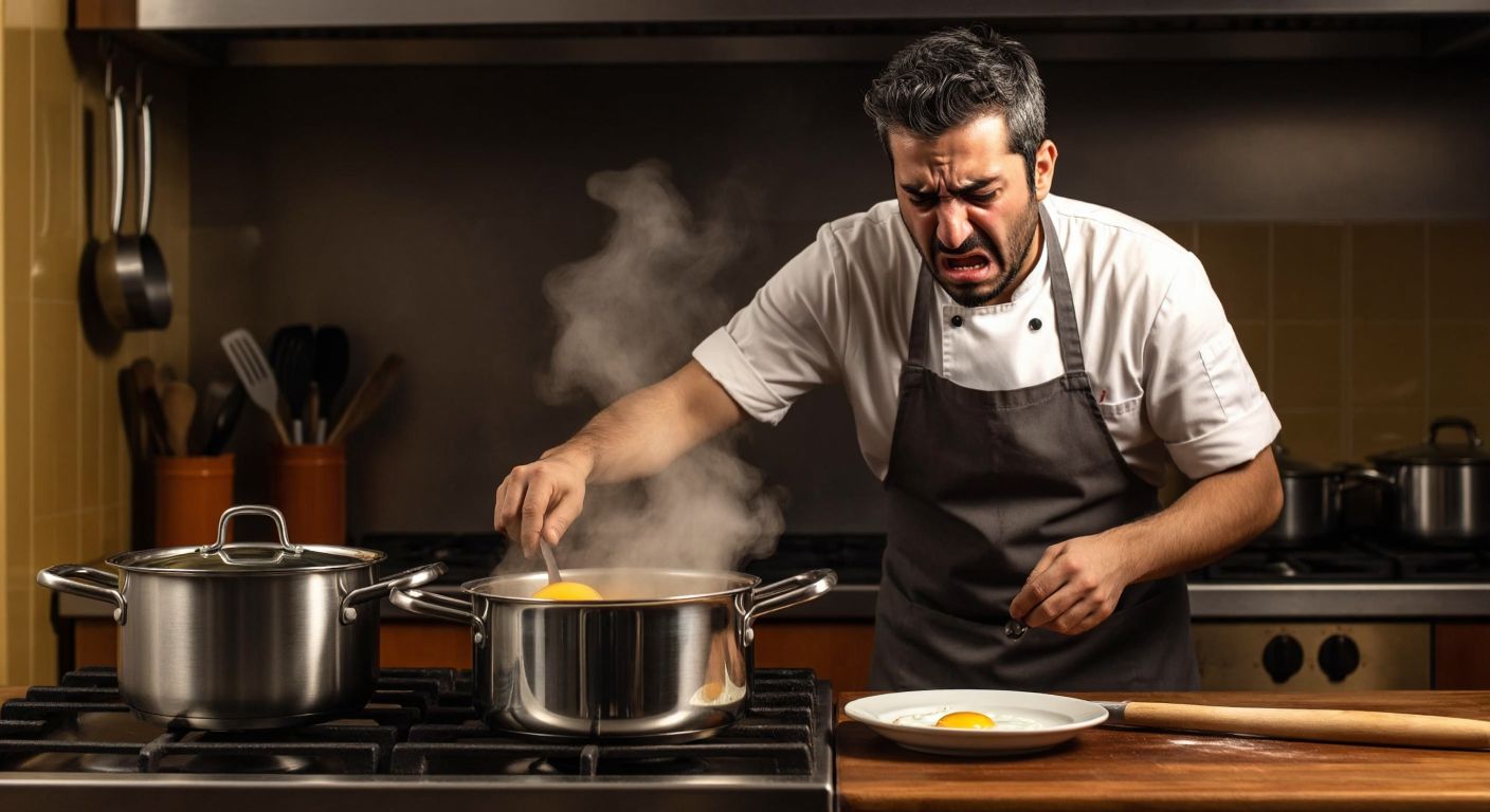 A gleaming stainless steel pot sits on a stove, its surface slightly scratched, with a fried egg stuck stubbornly to the bottom while a frustrated Turkish home cook in an apron frowns, holding a spatula.