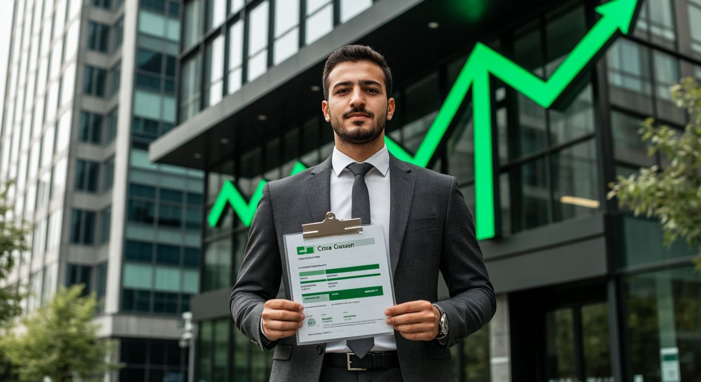 A Turkish man in a neat suit stands confidently in front of a modern bank building, holding a transparent credit score report while a green upward arrow subtly glows in the background.