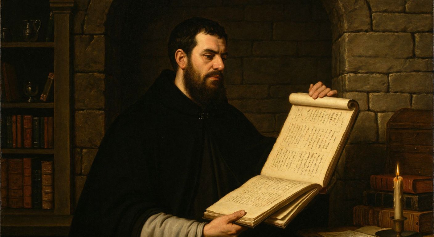 A medieval scholar in a dimly lit stone-walled library, wearing a dark robe and holding an ancient manuscript, with a candle casting soft light on his contemplative face.