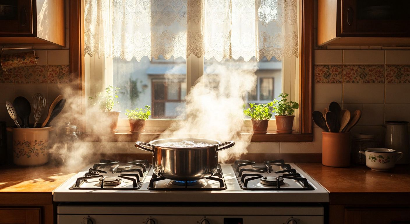 A stainless steel pot with bubbling water sits on a gas stove in a Turkish kitchen, steam rising as sunlight streams through a lace-curtained window.