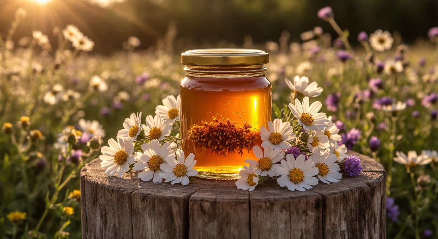 A golden jar of **Balkovan flower honey** sits on a rustic wooden table surrounded by wildflowers from Anatolia, with sunlight glinting off its thick, rich texture.