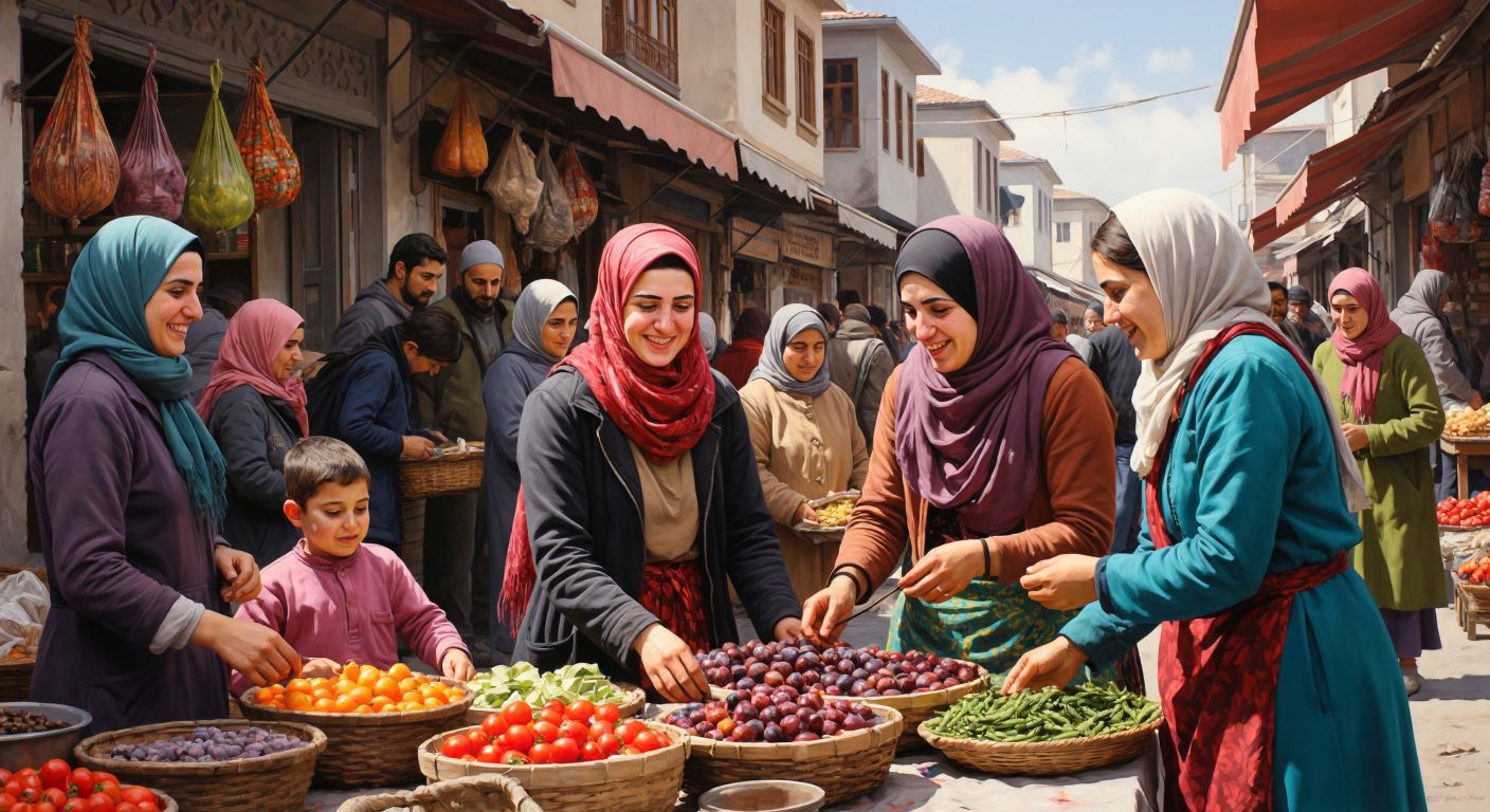 A diverse group of Turkish citizens and refugees, including women, working together in a bustling marketplace, exchanging goods and skills with warm smiles and mutual respect.