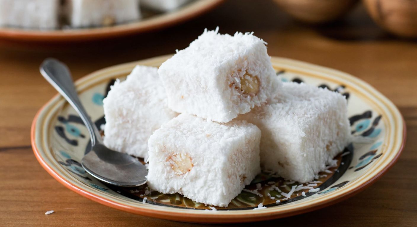 A close-up of soft, white coconut Turkish delight dusted with shredded coconut, resting on a decorative ceramic plate with a spoon beside it, evoking sweetness and tradition.