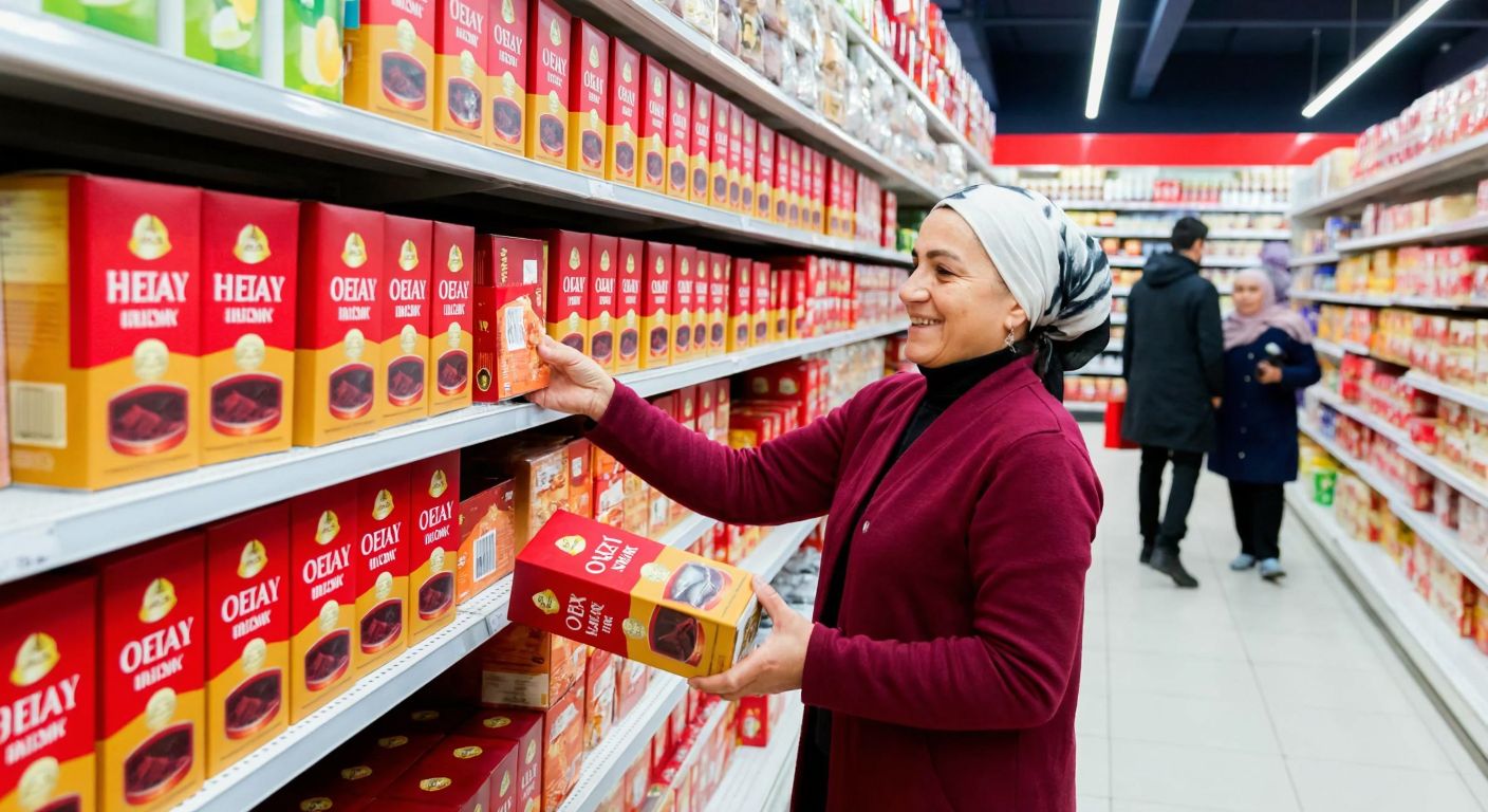 A bustling BİM supermarket aisle in Turkey, with shelves neatly stacked with Ofçay tea boxes in vibrant red and gold packaging, as a smiling middle-aged woman in a headscarf reaches for a box of Ofçay Hazine Siyah Çay.