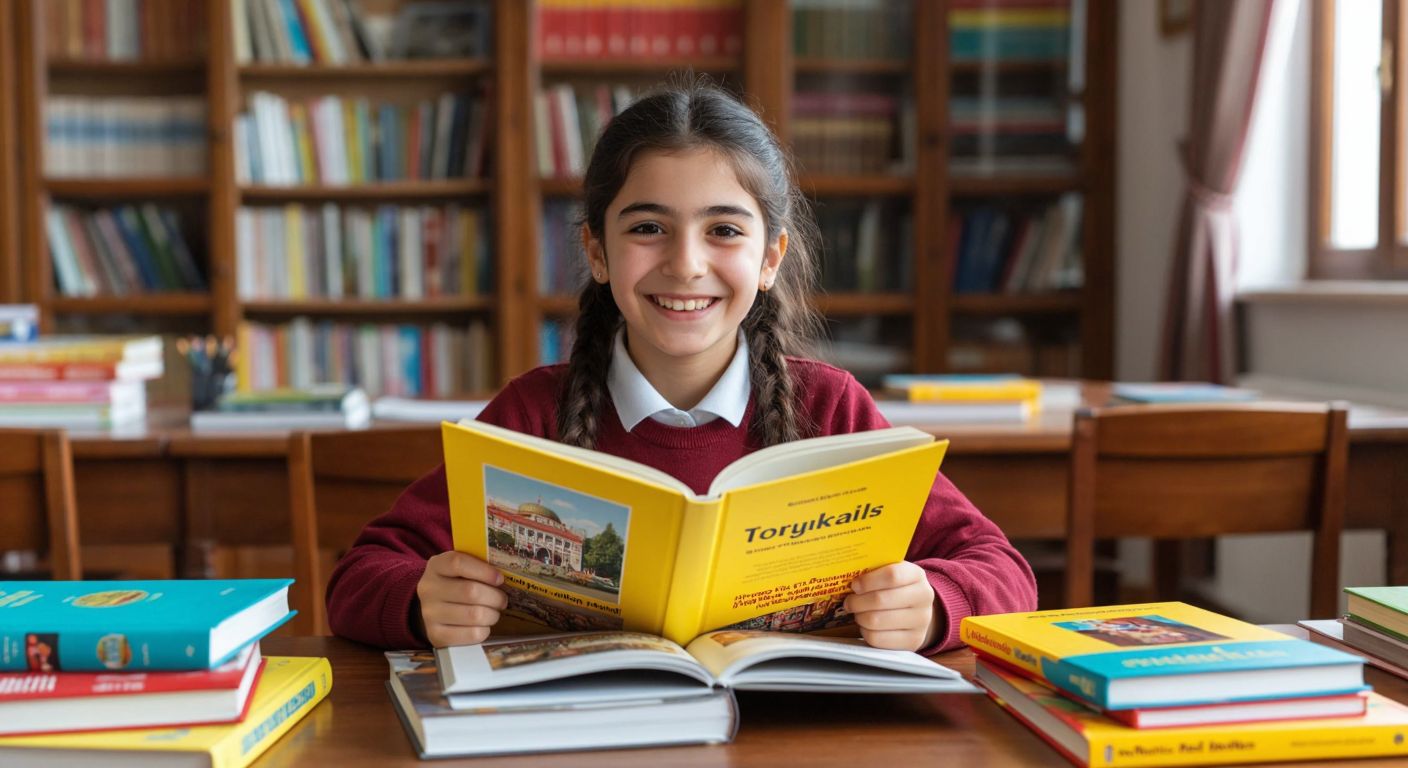 A cheerful Turkish middle-school student sits at a wooden desk, surrounded by colorful social studies textbooks from various publishers, eagerly flipping through one with a bright yellow cover.