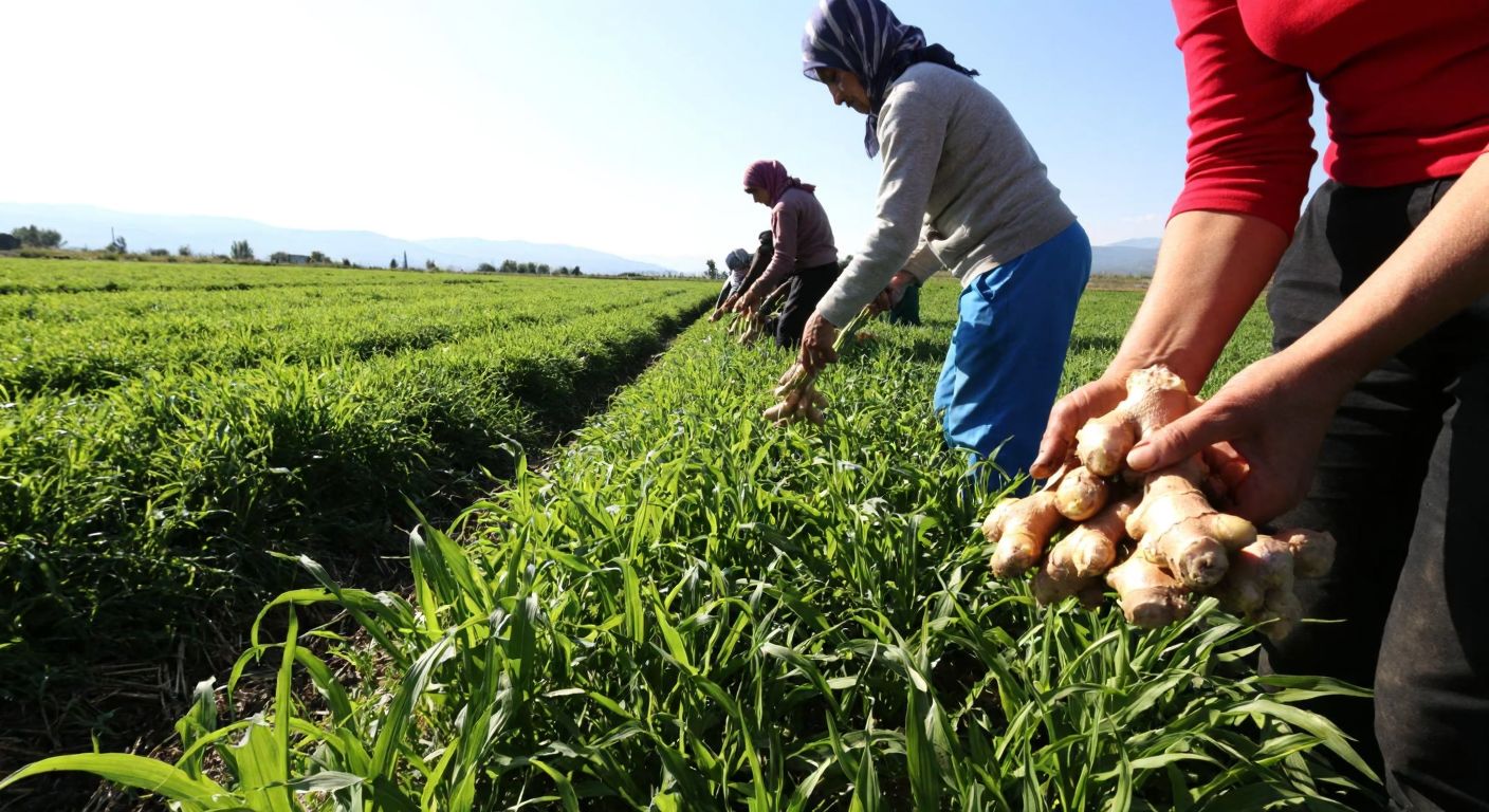 A lush green field in Turkey with rows of ginger plants being harvested by farmers in traditional attire, their hands full of fresh ginger roots, under a bright sun.