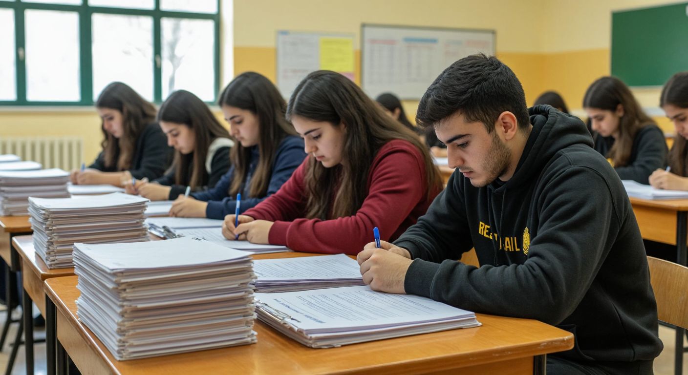 A group of Turkish students in a classroom, focused and writing exams under the supervision of a teacher, with stacks of answer sheets and evaluation rubrics on a wooden desk nearby.