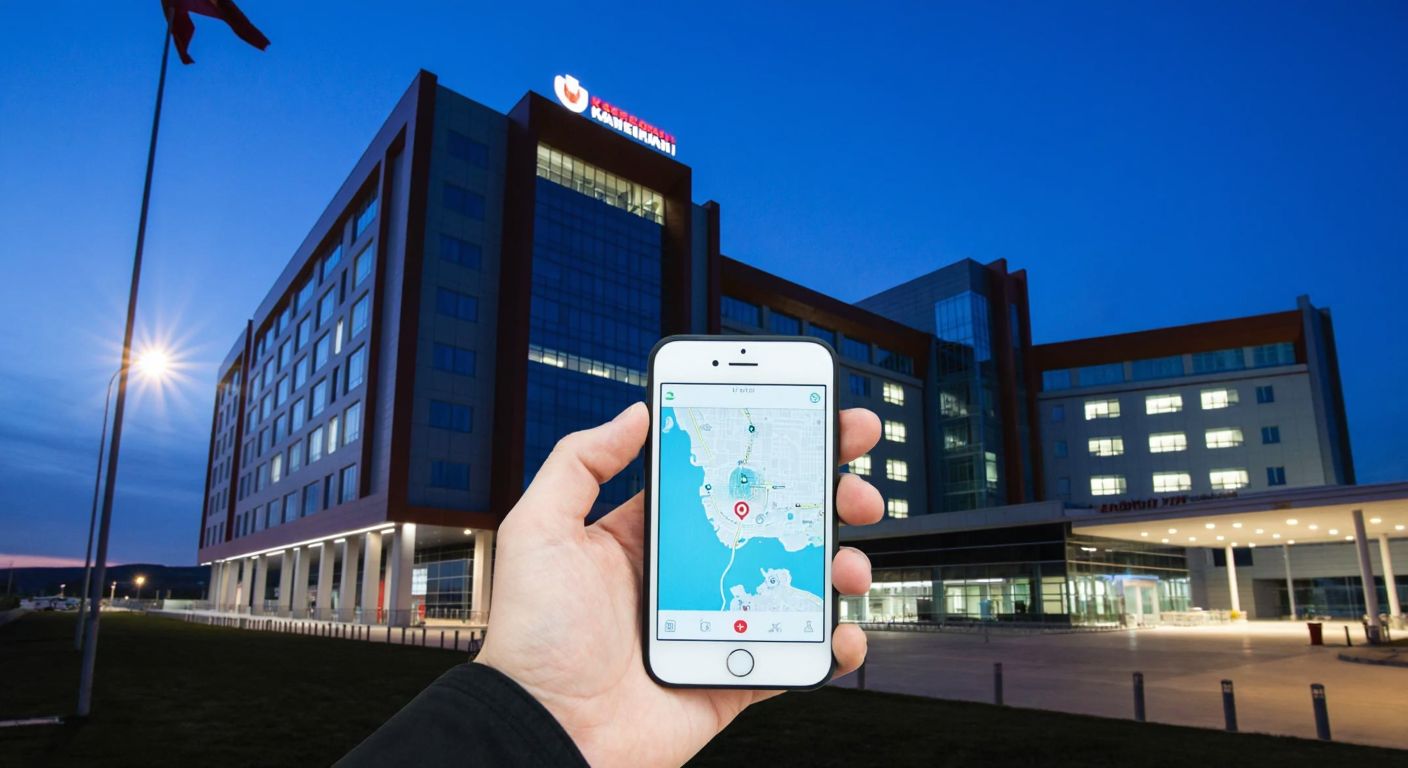 A person in Kayseri holds a smartphone with a glowing map interface, standing near the modern Kayseri Şehir Hastanesi building under a clear blue sky, looking relieved.