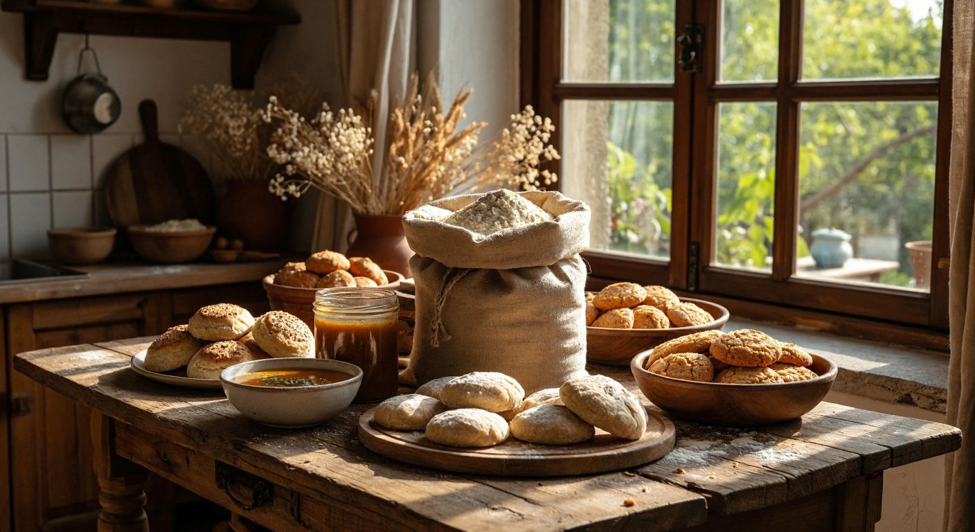A rustic wooden table in a Turkish kitchen holds a sack of wheat flour, surrounded by freshly baked bread, a bowl of thick soup, a jar of homemade face mask, and a plate of gluten-free cookies, with warm sunlight streaming through the window.