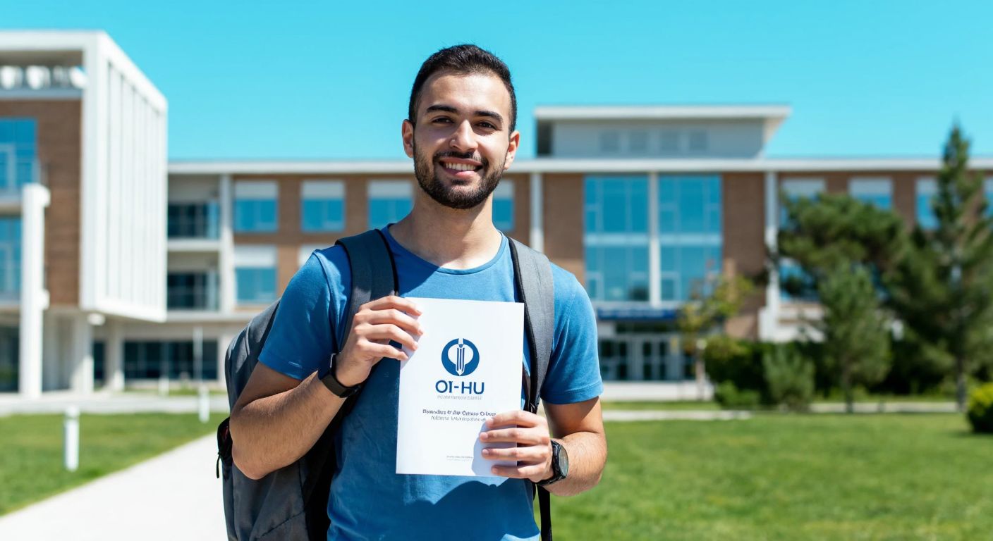A young student in a modern university campus in Niğde, wearing a backpack and holding a brochure with the ÖHÜ logo, smiling confidently under a sunny sky with the university buildings in the background.