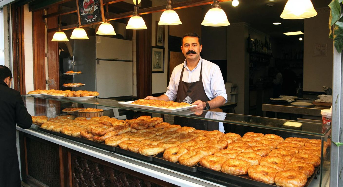 A bustling traditional Turkish börek shop in Sarıyer, Istanbul, with golden-brown pastries displayed in a glass counter, a mustachioed man in an apron (resembling Emin Akyel) warmly serving customers amid the aroma of freshly baked dough.